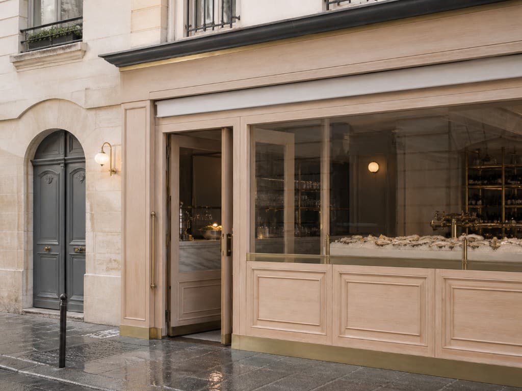 Façade et ambiance de l’adresse dans le Marais, ton clair